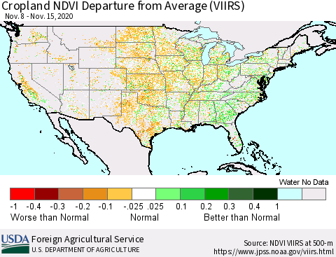United States Cropland NDVI Departure from Average (VIIRS) Thematic Map For 11/11/2020 - 11/20/2020