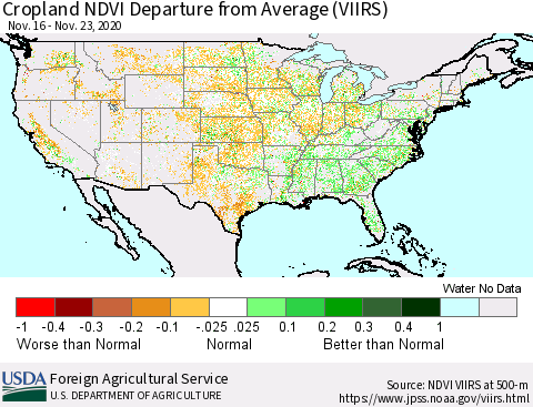 United States Cropland NDVI Departure from Average (VIIRS) Thematic Map For 11/21/2020 - 11/30/2020