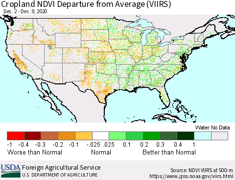 United States Cropland NDVI Departure from Average (VIIRS) Thematic Map For 12/1/2020 - 12/10/2020