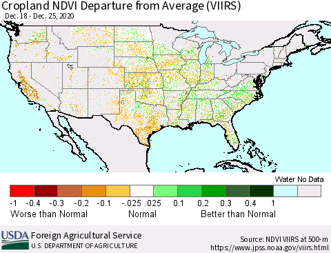 United States Cropland NDVI Departure from Average (VIIRS) Thematic Map For 12/21/2020 - 12/31/2020