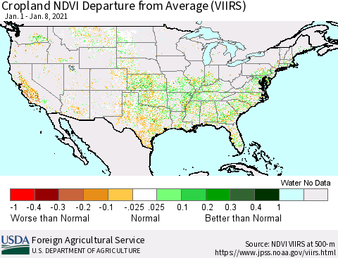 United States Cropland NDVI Departure from Average (VIIRS) Thematic Map For 1/1/2021 - 1/10/2021
