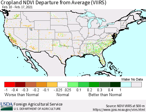 United States Cropland NDVI Departure from Average (VIIRS) Thematic Map For 2/11/2021 - 2/20/2021
