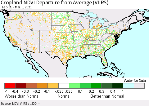 United States Cropland NDVI Departure from Average (VIIRS) Thematic Map For 2/26/2021 - 3/5/2021