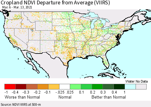 United States Cropland NDVI Departure from Average (VIIRS) Thematic Map For 3/6/2021 - 3/13/2021