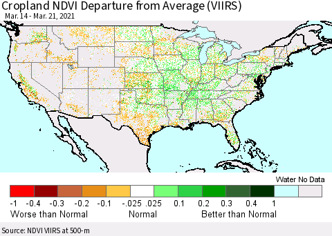 United States Cropland NDVI Departure from Average (VIIRS) Thematic Map For 3/14/2021 - 3/21/2021