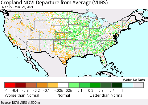 United States Cropland NDVI Departure from Average (VIIRS) Thematic Map For 3/22/2021 - 3/29/2021
