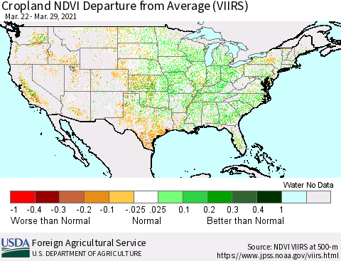 United States Cropland NDVI Departure from Average (VIIRS) Thematic Map For 3/21/2021 - 3/31/2021