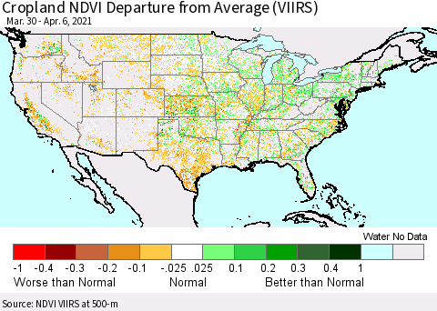 United States Cropland NDVI Departure from Average (VIIRS) Thematic Map For 3/30/2021 - 4/6/2021