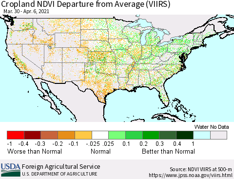 United States Cropland NDVI Departure from Average (VIIRS) Thematic Map For 4/1/2021 - 4/10/2021