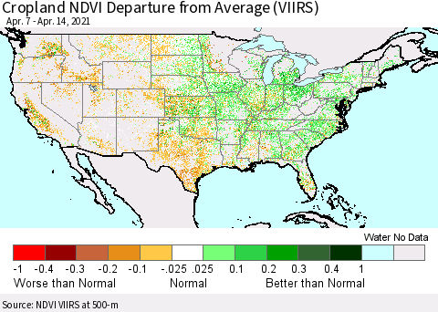 United States Cropland NDVI Departure from Average (VIIRS) Thematic Map For 4/7/2021 - 4/14/2021