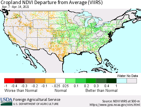 United States Cropland NDVI Departure from Average (VIIRS) Thematic Map For 4/11/2021 - 4/20/2021