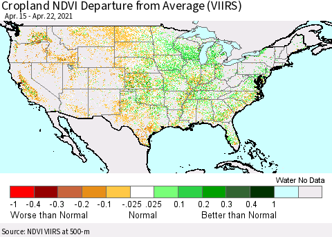 United States Cropland NDVI Departure from Average (VIIRS) Thematic Map For 4/15/2021 - 4/22/2021
