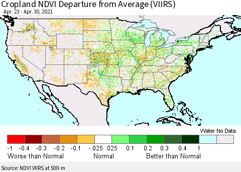 United States Cropland NDVI Departure from Average (VIIRS) Thematic Map For 4/23/2021 - 4/30/2021