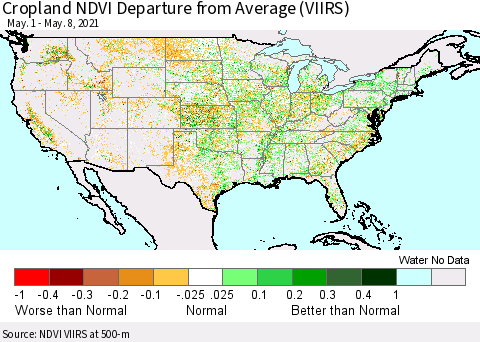 United States Cropland NDVI Departure from Average (VIIRS) Thematic Map For 5/1/2021 - 5/8/2021