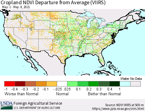 United States Cropland NDVI Departure from Average (VIIRS) Thematic Map For 5/1/2021 - 5/10/2021