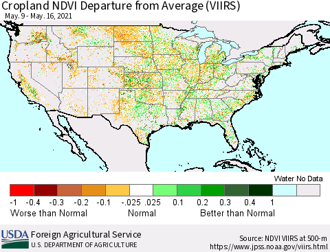 United States Cropland NDVI Departure from Average (VIIRS) Thematic Map For 5/11/2021 - 5/20/2021