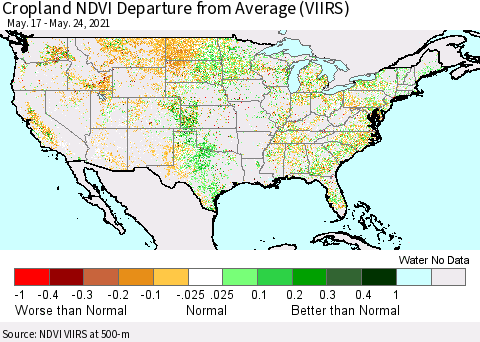 United States Cropland NDVI Departure from Average (VIIRS) Thematic Map For 5/17/2021 - 5/24/2021
