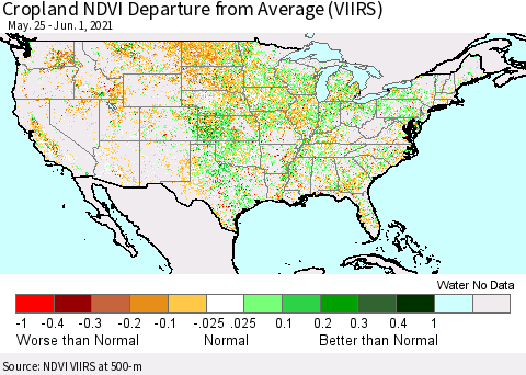 United States Cropland NDVI Departure from Average (VIIRS) Thematic Map For 5/25/2021 - 6/1/2021