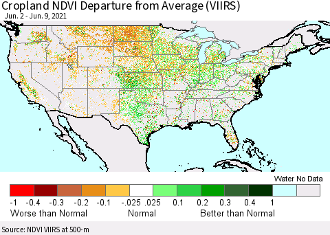 United States Cropland NDVI Departure from Average (VIIRS) Thematic Map For 6/2/2021 - 6/9/2021
