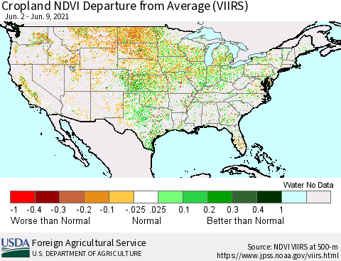 United States Cropland NDVI Departure from Average (VIIRS) Thematic Map For 6/1/2021 - 6/10/2021