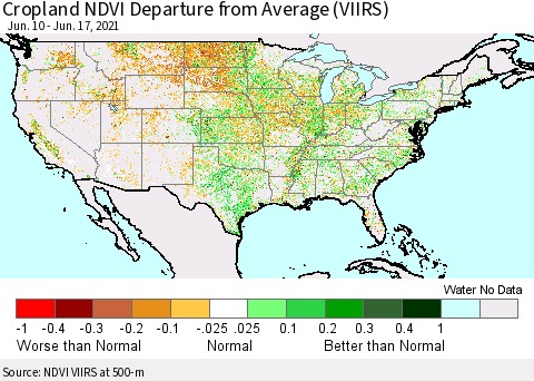United States Cropland NDVI Departure from Average (VIIRS) Thematic Map For 6/10/2021 - 6/17/2021