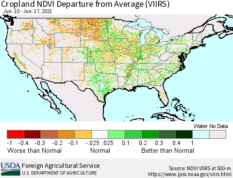 United States Cropland NDVI Departure from Average (VIIRS) Thematic Map For 6/11/2021 - 6/20/2021