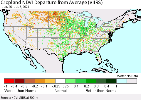 United States Cropland NDVI Departure from Average (VIIRS) Thematic Map For 6/26/2021 - 7/3/2021