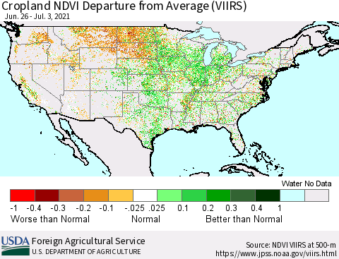 United States Cropland NDVI Departure from Average (VIIRS) Thematic Map For 7/1/2021 - 7/10/2021