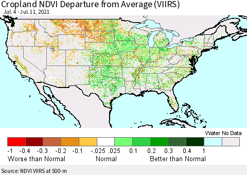 United States Cropland NDVI Departure from Average (VIIRS) Thematic Map For 7/4/2021 - 7/11/2021