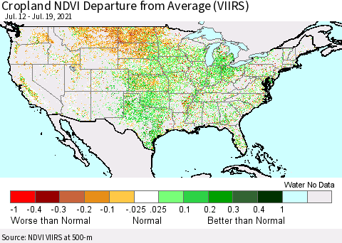 United States Cropland NDVI Departure from Average (VIIRS) Thematic Map For 7/12/2021 - 7/19/2021