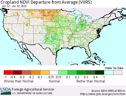 United States Cropland NDVI Departure from Average (VIIRS) Thematic Map For 7/11/2021 - 7/20/2021