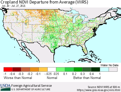 United States Cropland NDVI Departure from Average (VIIRS) Thematic Map For 7/21/2021 - 7/31/2021