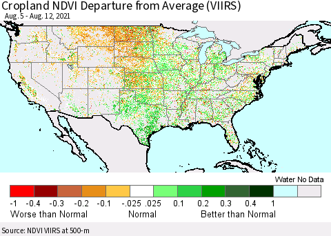 United States Cropland NDVI Departure from Average (VIIRS) Thematic Map For 8/5/2021 - 8/12/2021