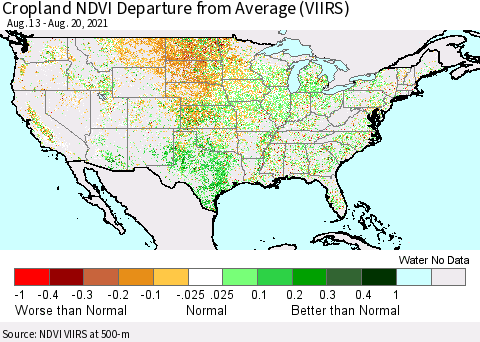 United States Cropland NDVI Departure from Average (VIIRS) Thematic Map For 8/11/2021 - 8/20/2021