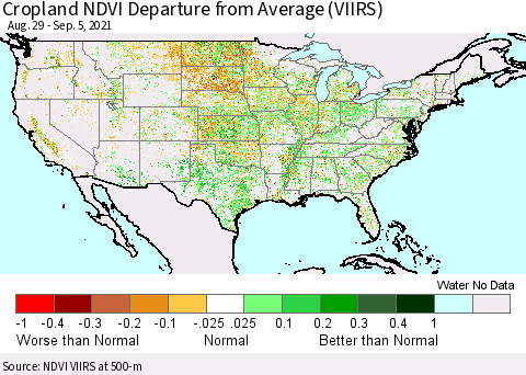 United States Cropland NDVI Departure from Average (VIIRS) Thematic Map For 8/29/2021 - 9/5/2021