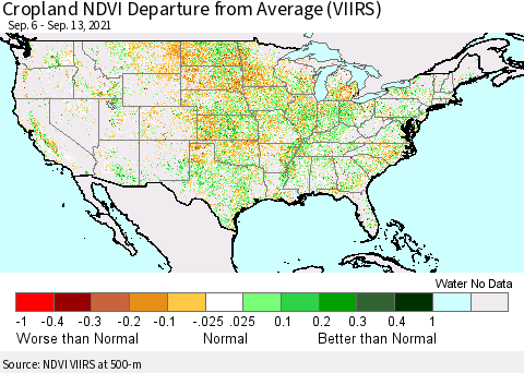 United States Cropland NDVI Departure from Average (VIIRS) Thematic Map For 9/6/2021 - 9/13/2021