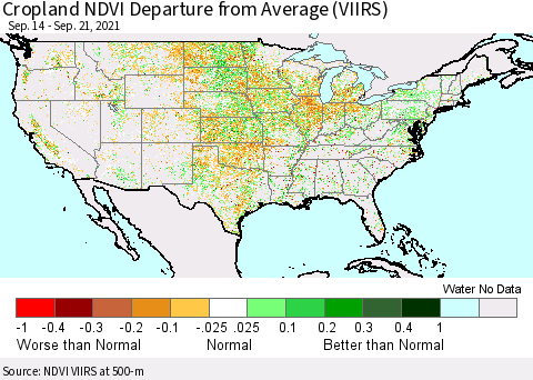 United States Cropland NDVI Departure from Average (VIIRS) Thematic Map For 9/14/2021 - 9/21/2021