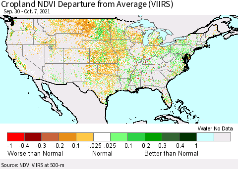 United States Cropland NDVI Departure from Average (VIIRS) Thematic Map For 9/30/2021 - 10/7/2021