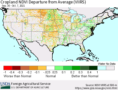 United States Cropland NDVI Departure from Average (VIIRS) Thematic Map For 10/1/2021 - 10/10/2021