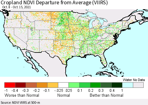 United States Cropland NDVI Departure from Average (VIIRS) Thematic Map For 10/8/2021 - 10/15/2021