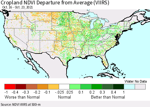 United States Cropland NDVI Departure from Average (VIIRS) Thematic Map For 10/16/2021 - 10/23/2021