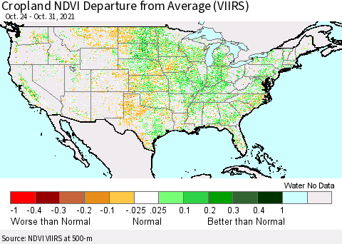 United States Cropland NDVI Departure from Average (VIIRS) Thematic Map For 10/21/2021 - 10/31/2021
