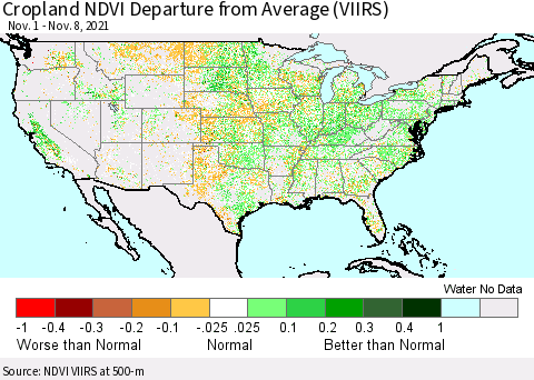 United States Cropland NDVI Departure from Average (VIIRS) Thematic Map For 11/1/2021 - 11/8/2021