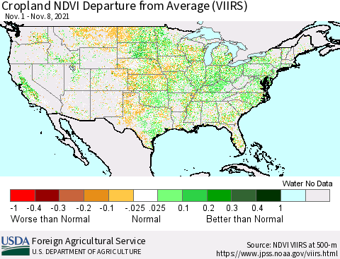 United States Cropland NDVI Departure from Average (VIIRS) Thematic Map For 11/1/2021 - 11/10/2021