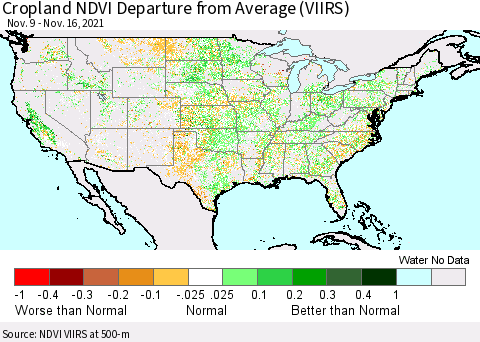 United States Cropland NDVI Departure from Average (VIIRS) Thematic Map For 11/9/2021 - 11/16/2021