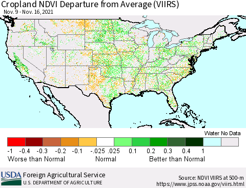 United States Cropland NDVI Departure from Average (VIIRS) Thematic Map For 11/11/2021 - 11/20/2021