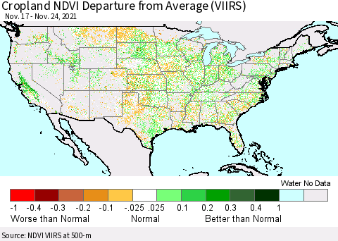 United States Cropland NDVI Departure from Average (VIIRS) Thematic Map For 11/17/2021 - 11/24/2021