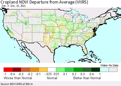 United States Cropland NDVI Departure from Average (VIIRS) Thematic Map For 12/3/2021 - 12/10/2021
