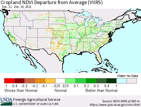 United States Cropland NDVI Departure from Average (VIIRS) Thematic Map For 12/11/2021 - 12/20/2021