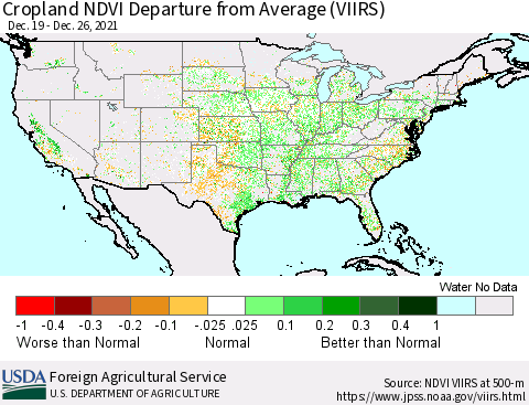 United States Cropland NDVI Departure from Average (VIIRS) Thematic Map For 12/21/2021 - 12/31/2021